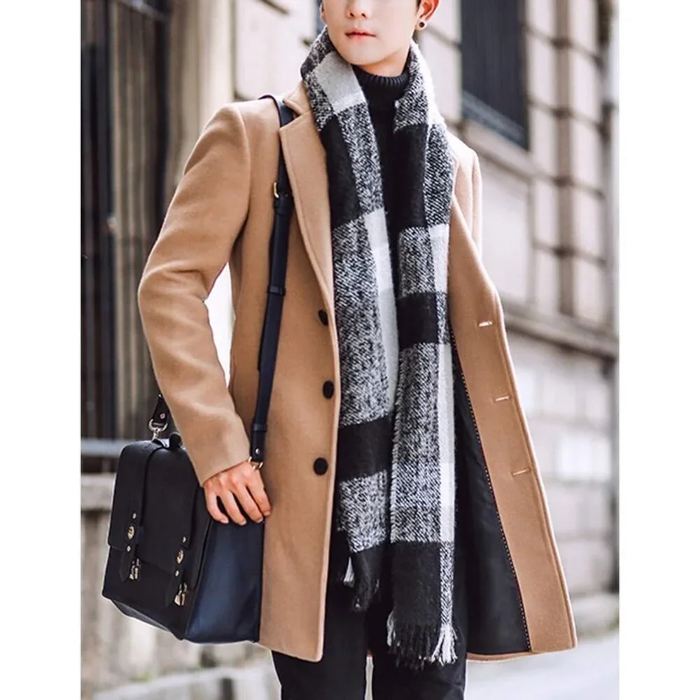 Men's Khaki Wool Blend Pea Coat Notched Collar Single Breasted Overcoat